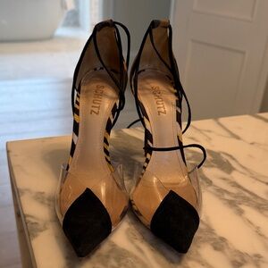 SCHUTZ Black and Tan Striped Heels